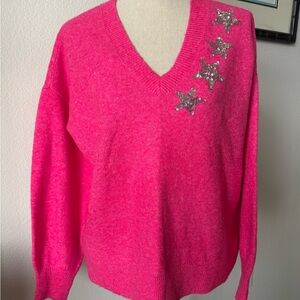 LOFT Pink V-Neck Sweater with Silver Star Details